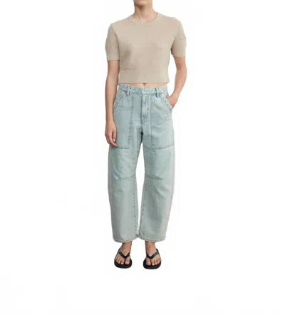 Enza Costa Linen Open Knit Cropped Short Sleeve Sweater In Basalt In Gray