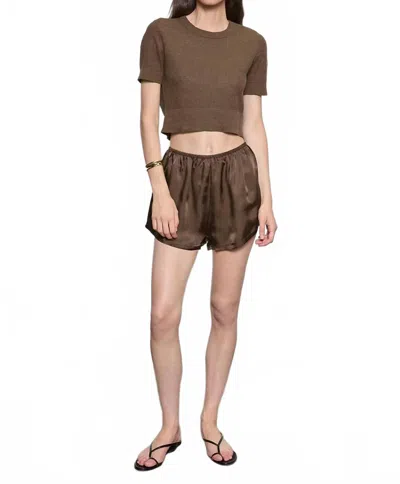 Enza Costa Linen Open Knit Cropped Short Sleeve Sweater In Chocolate In Gold