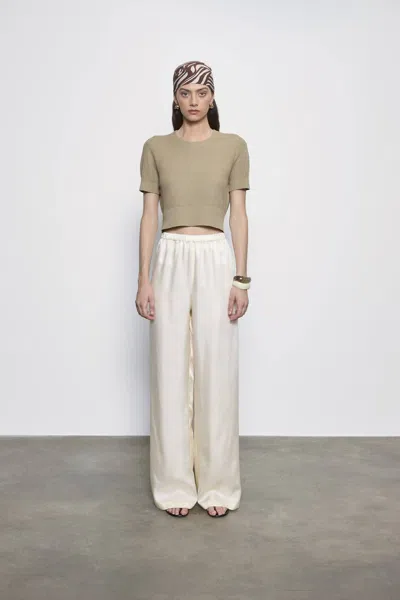 Enza Costa Linen Open Knit Cropped Short Sleeve Sweater In Moss In Multi