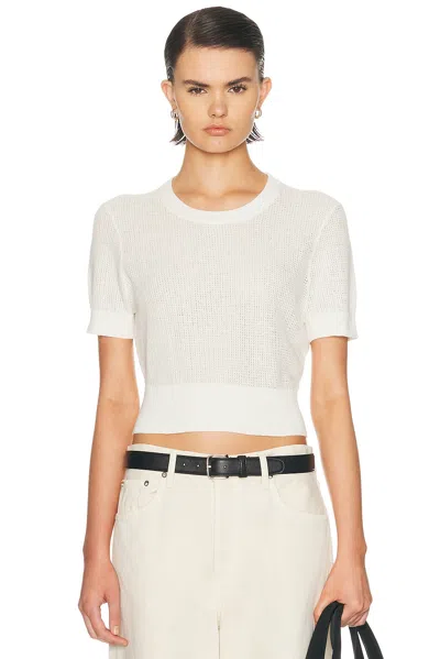 Enza Costa Linen Open Knit Cropped Short Sleeve Top In White