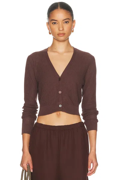 Enza Costa Linen Open Knit Cropped V Neck Cardigan In Brown
