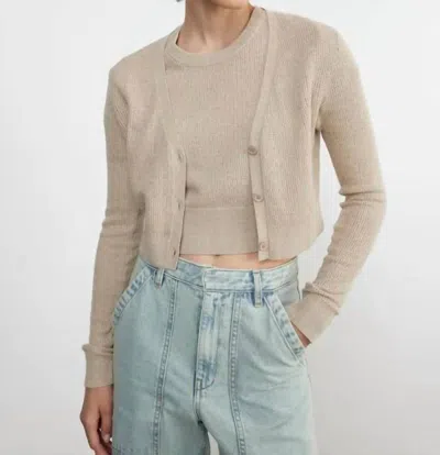 Enza Costa Linen Open Knit Cropped V Neck Cardigan In Basalt In Neutral