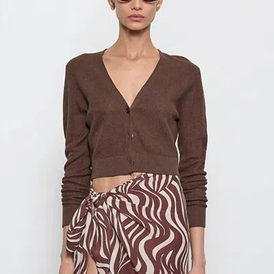 Enza Costa Linen Open Knit Cropped V Neck Cardigan In Chocolate In Brown