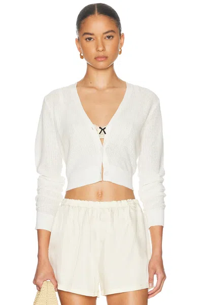 Enza Costa Linen Open Knit Cropped V Neck Cardigan In White