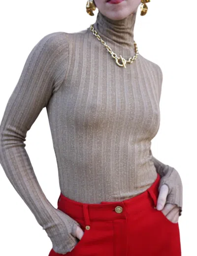 Enza Costa Lurex Turtleneck Sweater In Sand/gold In Gray