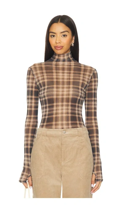 Enza Costa Plaid Mesh Long Sleeve Turtleneck Top In Brown