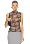 Enza Costa Plaid Mesh Sleeveless Twist Top In Brown