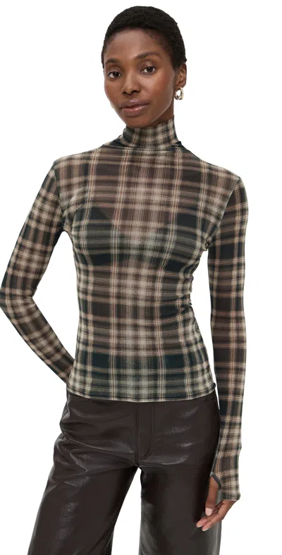 Enza Costa Plaid Mesh Turtleneck Plaid In Brown