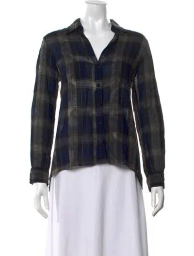 Pre-owned Enza Costa Plaid Print V-neck Top In Black