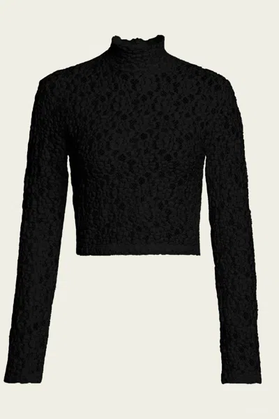 Enza Costa Puckered Lace Cropped Mockneck In Black