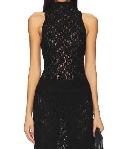 Enza Costa Puckered Lace Sleeveless Mockneck Top In Black