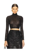 Enza Costa Sequin Cropped Long Sleeve Mock Neck Top In Black