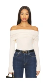 Enza Costa Silk Rib Long Sleeve Off-shoulder Top In Brown