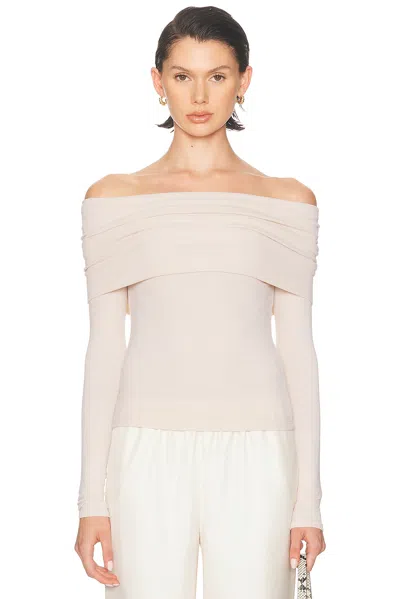 Enza Costa Silk Rib Long Sleeve Off Shoulder Top In Neutral