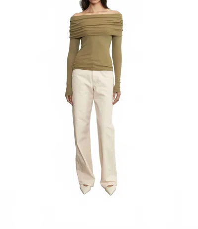 Enza Costa Silk Rib Long Sleeve Off-shoulder Top In Olive Stone In Multi