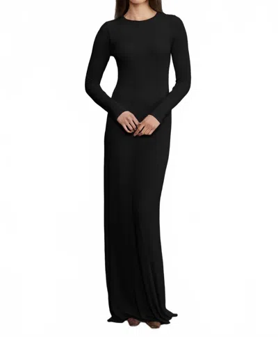 ENZA COSTA SILK RIB LONG SLEEVES CREWNECK FLUID DRESS IN BLACK