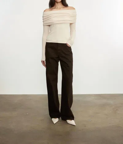 Enza Costa Silk Rib Long Sleeves Off-shoulder Top In Fawn In Neutral