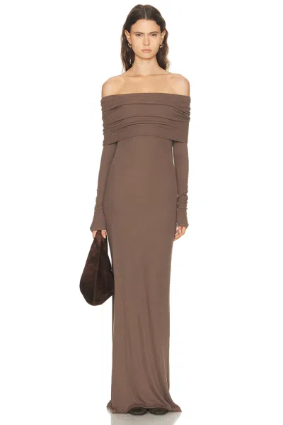 Enza Costa Silk Rib Off Shoulder Fluid Dress In Brown