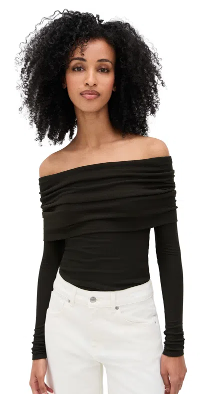 Enza Costa Silk Rib Off-shoulder Top Coffee Bean In Black