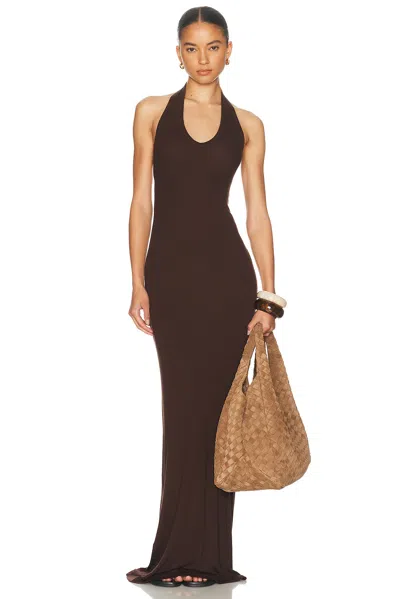 Enza Costa Silk Rib U Neck Halter Fluid Maxi Dress In Brown