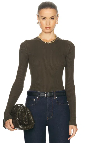 Enza Costa Silk Sweater Rib Longsleeve Crewneck Top In Army Green