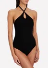 Enza Costa Stretch Silk Knit Keyhole Halter Bodysuit In Black In Black