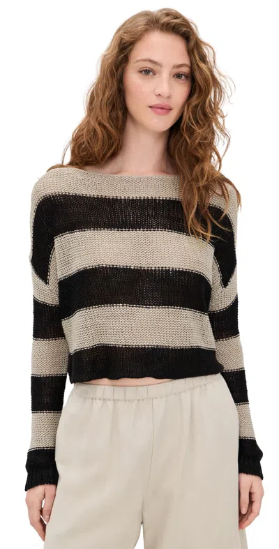 Enza Costa Stripe Linen Bateau Sweater In Black Oatmeal In Multi