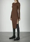 Enza Costa Viscose Rib Crewneck Button Midi Dress In Mahogany In Multi