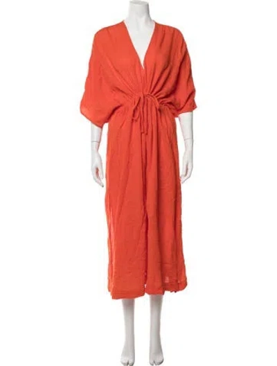 Pre-owned Enza Costa V-neck Midi Length Dress In Orange