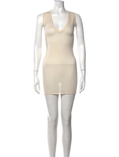 Pre-owned Enza Costa V-neck Mini Dress In Neutrals