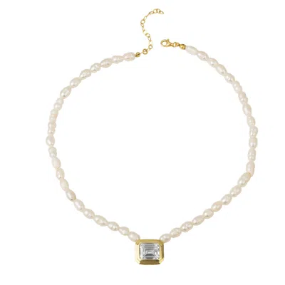Ep Designs Women's Gold Pearl Beaded Square Emerald Cut Necklace