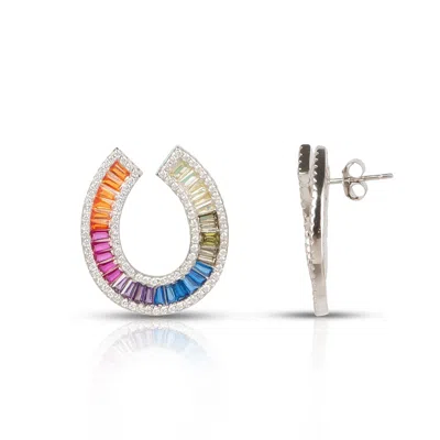 Ep Designs Women's Silver Rainbow Baguette Stud Earring