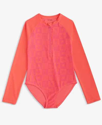 Epic Threads Kids' Big Girls Beachy Check Zip-up, Long-sleeve Rash Guard, Exclusively At Macy's In Razzle Pink