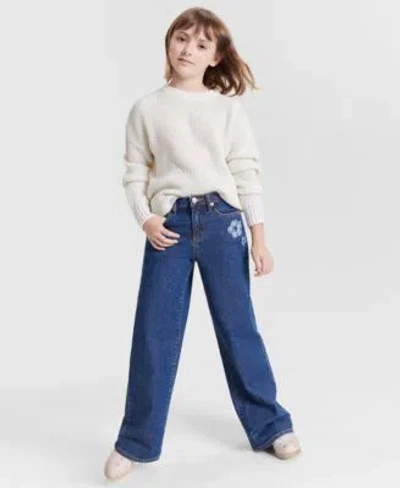 Epic Threads Kids' Big Girls Metallic Mixed Stitch Pullover Sweater Bromley Wide Leg Jeans Created For Macys In Angel White