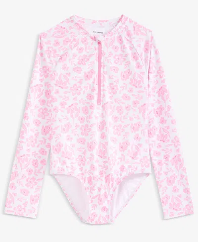 Epic Threads Kids' Girls' 7-16 Floral Long-sleeve One-piece Rash Guard Swimsuit, Macy's Exclusive In Pink