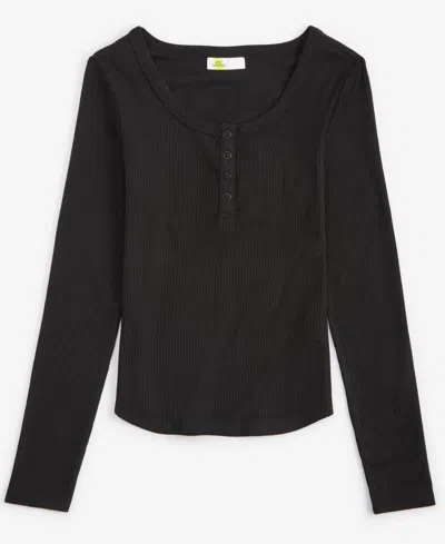 Epic Threads Kids' Girls Ribbed-knit Long-sleeve Henley, Created For Macy's In Deep Black