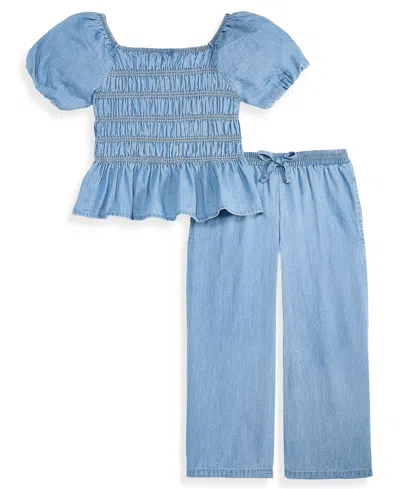 Epic Threads Kids' Toddler Girls' 12m-5t Smocked Puff-sleeve Chambray Top And Pants, 2-piece Set, Macy's Exclusive In Med Wash