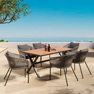 Epoch 7 Pieces Patio Dining Set With All-weather Furniture, Acacia Wood Tabletop, Metal Frame For Garden,  In Gray