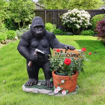 Epoch Outdoor Garden Sculpture Chimpanzees  Flower Pot Planter - Unique Yard Statue Decoration, Interestin In Black
