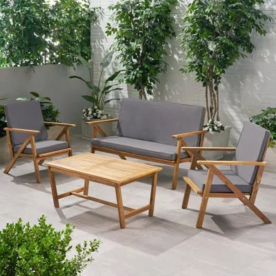 Epoch Panama 4pc Outdoor Chat Set With Acacia Wood And Water-resistant Cushions, Perfect For Patio Gatheri In Teak