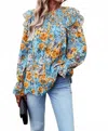 Epretty Bright Floral Print Smocked Ruffle Trim Blouse In Blue In Multi