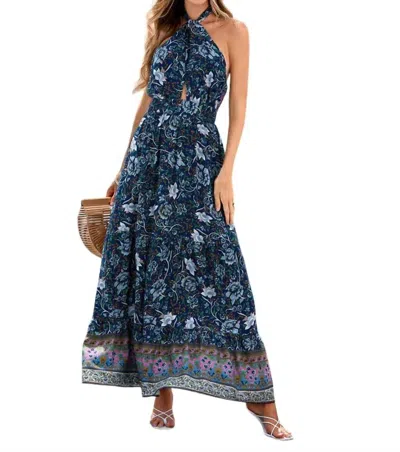 Epretty Floral Print Halter Tie Maxi Dress In Navy Floral In Blue