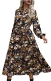 Epretty Perfee Printed Notched Long Sleeve Midi Dress In Camel In Brown