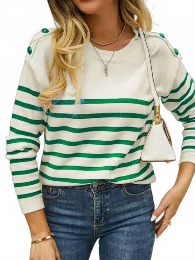 Epretty Striped Button Detail Knit Sweater In Green