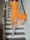 Epretty Sweetest Thing Polka Dot Wrap Midi Dress In Yellow In Orange