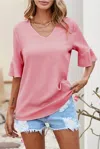Epretty V Neck Bell Sleeve Blouse In Blossom In Pink