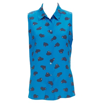 Pre-owned Equipment 100% Silk Electric Blue Black Heart Printed Sleeveless Blouse M
