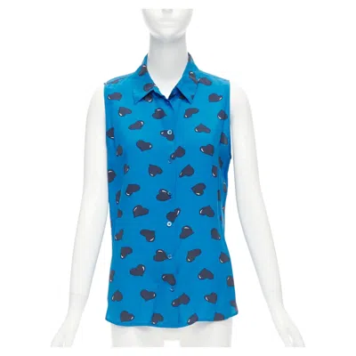 Pre-owned Equipment 100% Silk Electric Blue Black Heart Printed Sleeveless Blouse M