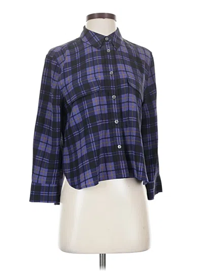 Pre-owned Equipment 3/4 Sleeve Silk Top Blue Plaid Pattern Collared Neckline Tops