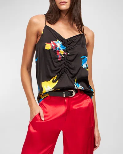 Equipment Lexi Ruched Abstract-print Satin Blouse In True Black Multi